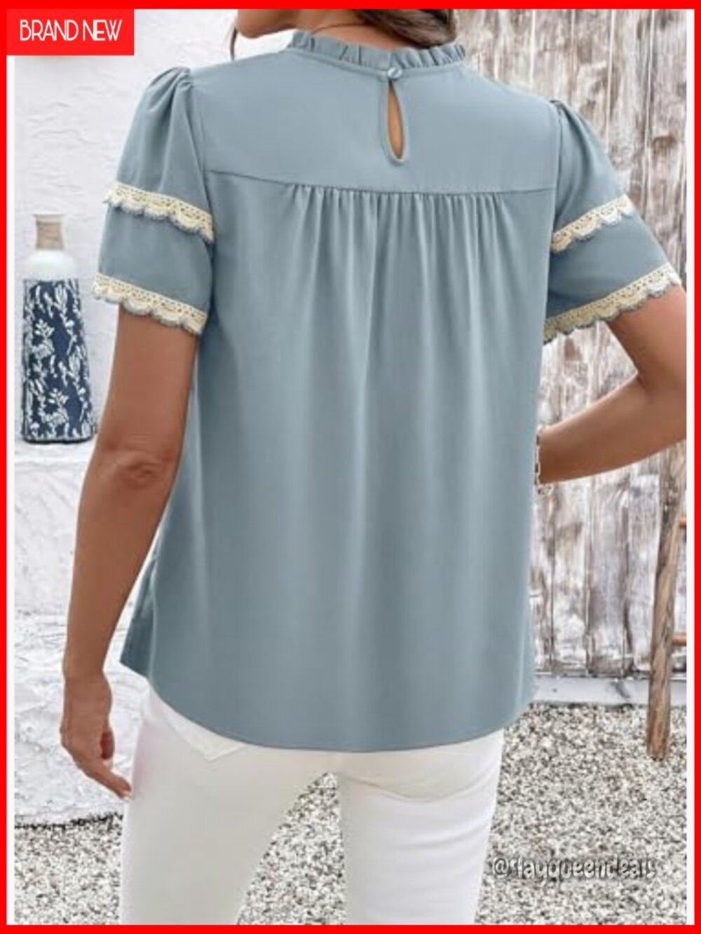 Women Crewneck Ruffle Short Sleeve Blouse Flowy Boho Top - Picture 3 of 7